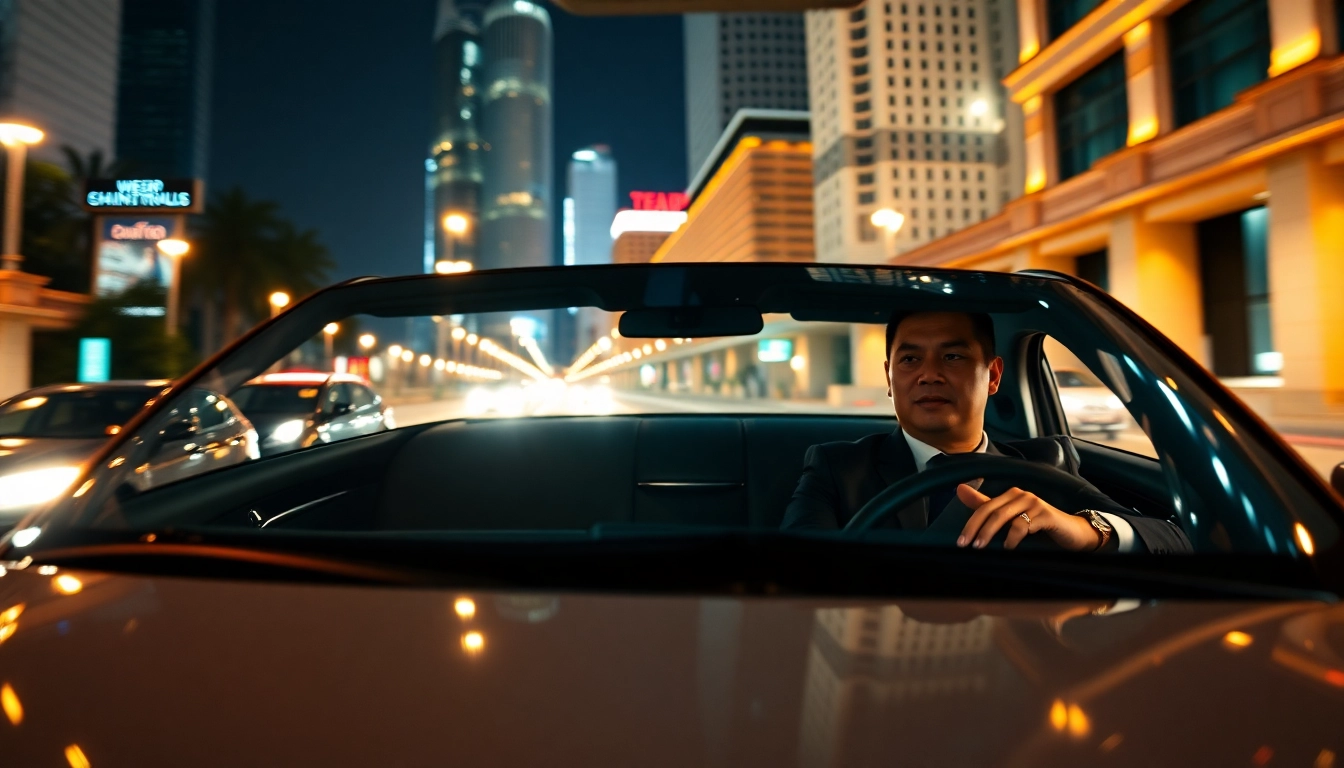 Experience professional chauffeur hire Singapore in a luxury vehicle navigating the vibrant streets at night.