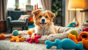 Pamper your pet with a cozy lifestyle scene featuring a relaxed dog on a luxurious bed surrounded by colorful toys.
