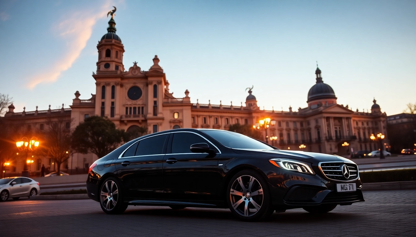 Luxury hire chauffeur Madrid service showcasing an elegant black sedan near famous Madrid landmarks for a stylish transfer experience.