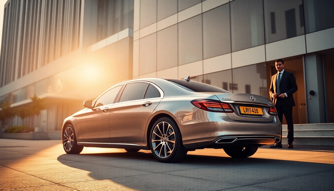 Professional chauffeur hire Singapore with a luxury sedan outside a modern building, showcasing elegance.