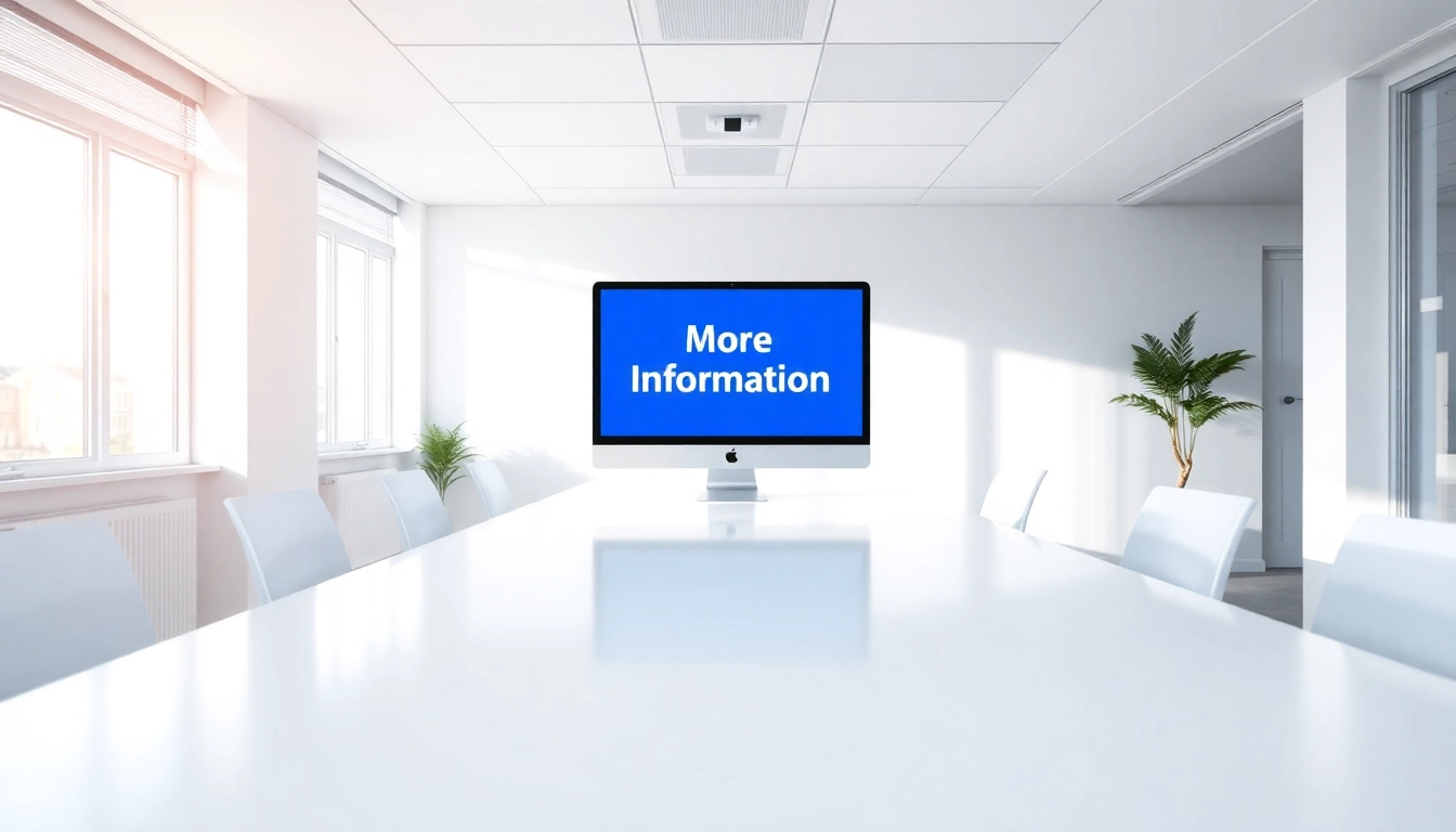 Display a sleek office setup with a computer showcasing "More Information" prominently on the screen.