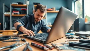 Riparazione computer settimo torinese: tecnico professionale al lavoro su un laptop in un ambiente moderno.