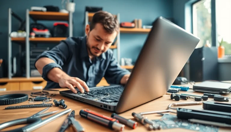 Riparazione computer settimo torinese: tecnico professionale al lavoro su un laptop in un ambiente moderno.