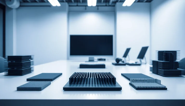 Showcase of thermal management materials including pads and heat sinks arranged attractively on a modern workspace table.