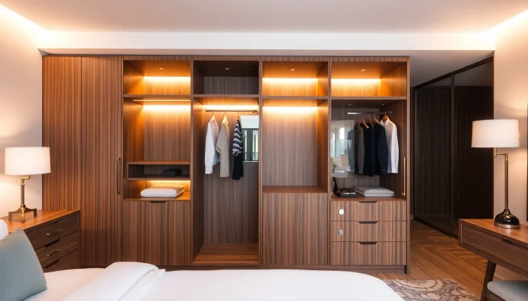 A contemporary hotel room wardrobe featuring sleek design and rich wood materials for optimal storage.