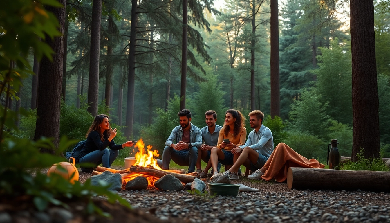 Friends gathering around a campfire in a forest by www.sudswild.com, sharing stories and enjoying nature.