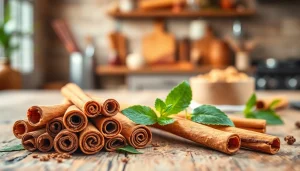 Highlighting Cinnamon Bark's natural richness, close-up of aromatic cinnamon sticks on wood.