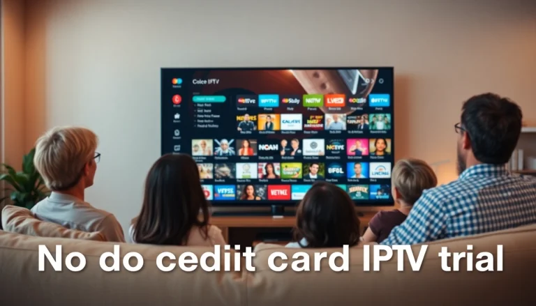 Experience no credit card IPTV trial in a cozy living room with family enjoying a variety of channels