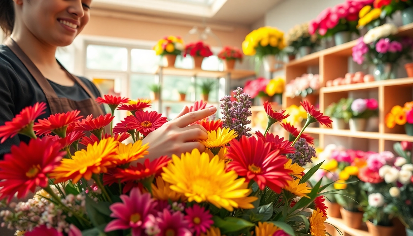Arranging fresh floral bouquets at a Fountain valley florist shop with vibrant colors.