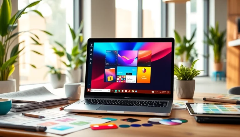Showcase AI design tools for businesses in a vibrant, modern workspace setting.