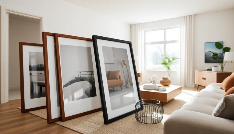 Display modern design picture frames in a stylish, sunlit living room showcasing contemporary art.