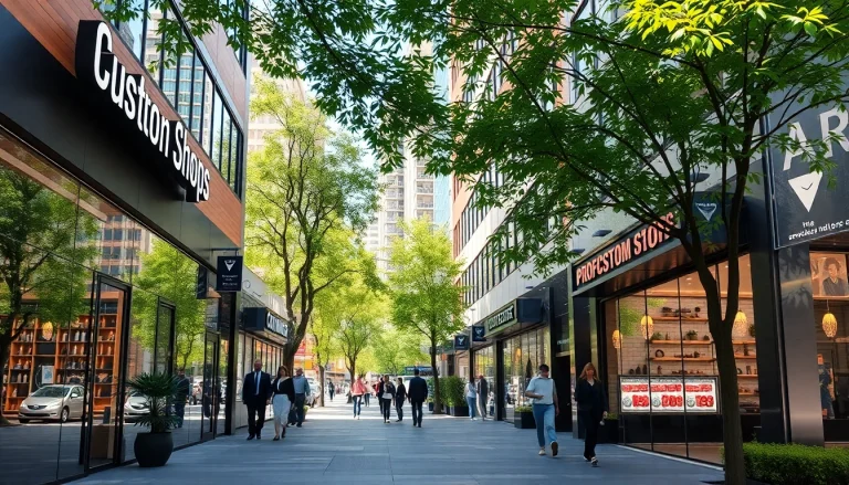 Visitors explore custom shops with unique designs and inviting atmospheres in a vibrant urban setting.