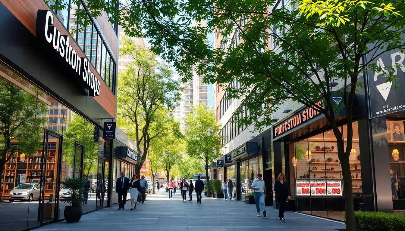 Visitors explore custom shops with unique designs and inviting atmospheres in a vibrant urban setting.
