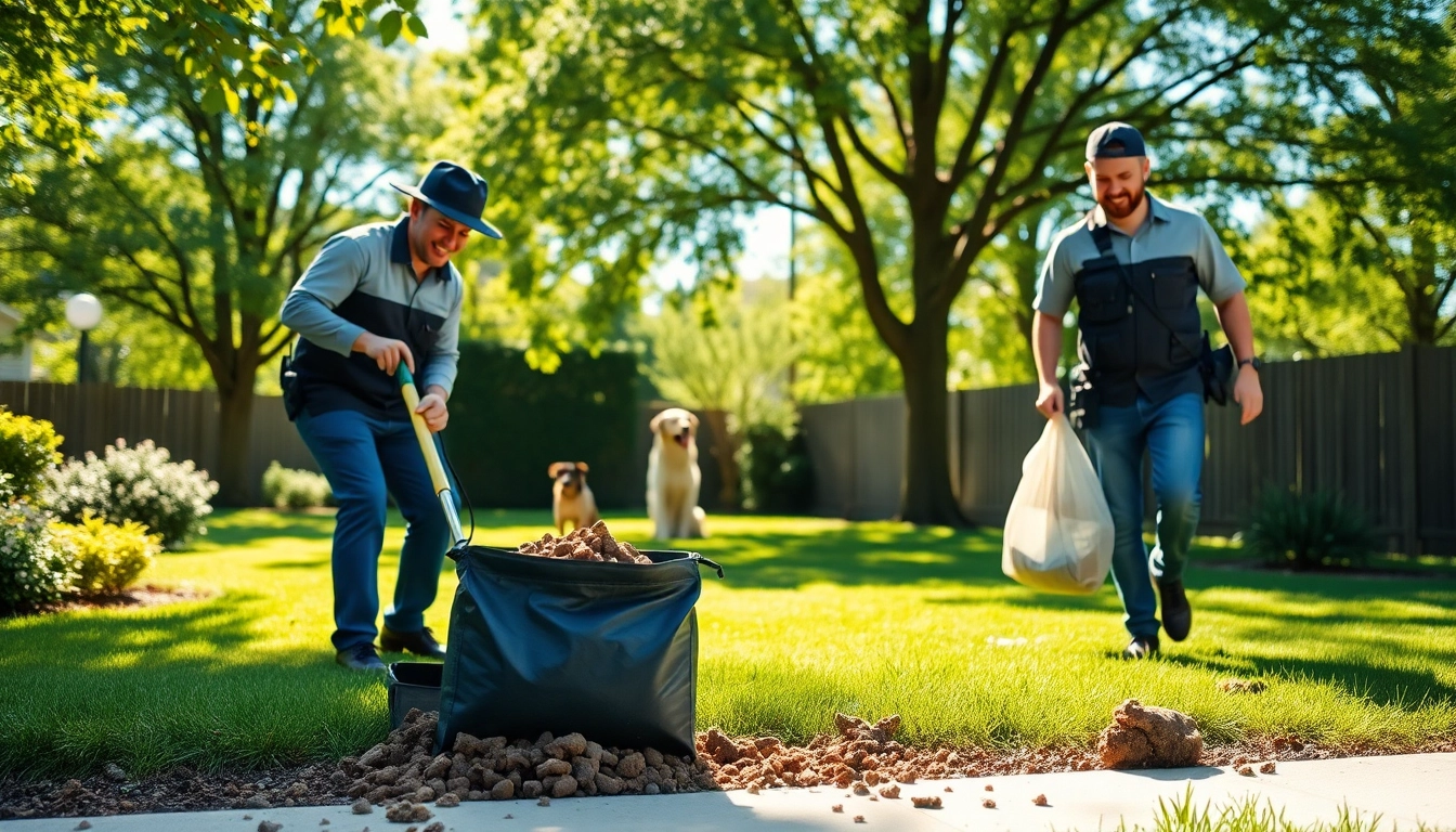 Dog poop pickup service in action, featuring professional scoopers cleaning a backyard effectively.