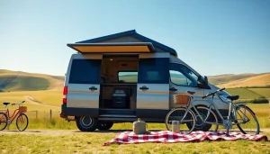 Experience the comfort of JRP Campers with a colorful van set in a beautiful countryside scene.
