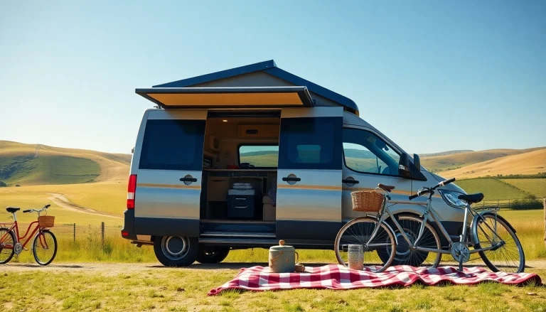 Experience the comfort of JRP Campers with a colorful van set in a beautiful countryside scene.