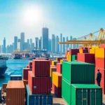 Understand export tariffs through vibrant visual representation of global trade at a busy port.