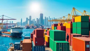 Understand export tariffs through vibrant visual representation of global trade at a busy port.