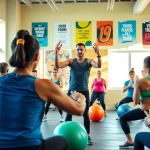 Engaged participants in gym group training led by an energetic instructor.