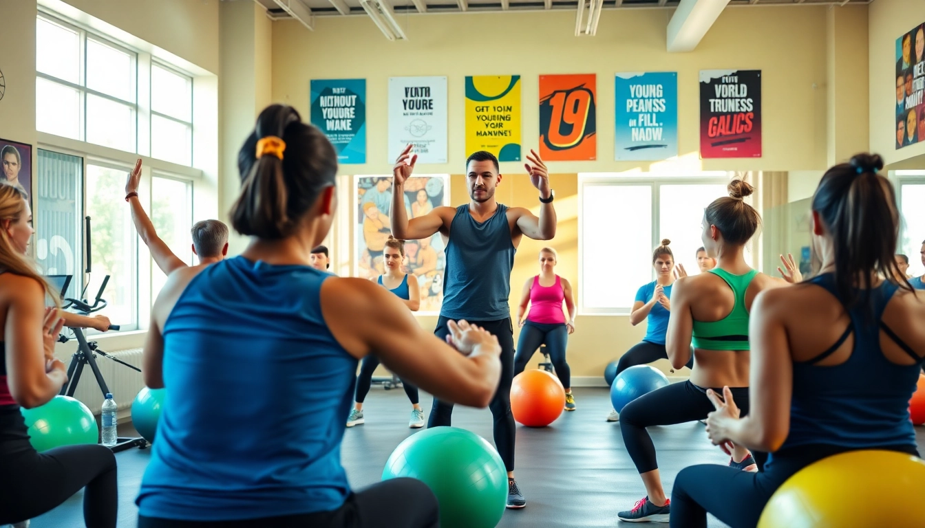 Engaged participants in gym group training led by an energetic instructor.