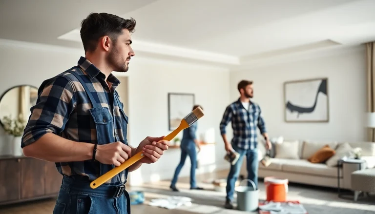 Find expert drywall painting contractors near me at work in a stylish home interior.