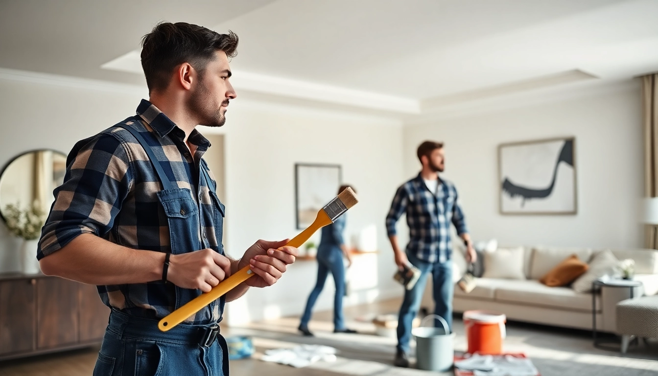 Find expert drywall painting contractors near me at work in a stylish home interior.