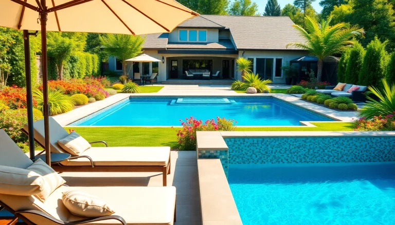 Build your own pool in a stunning backyard with vibrant landscapes and inviting lounge area.