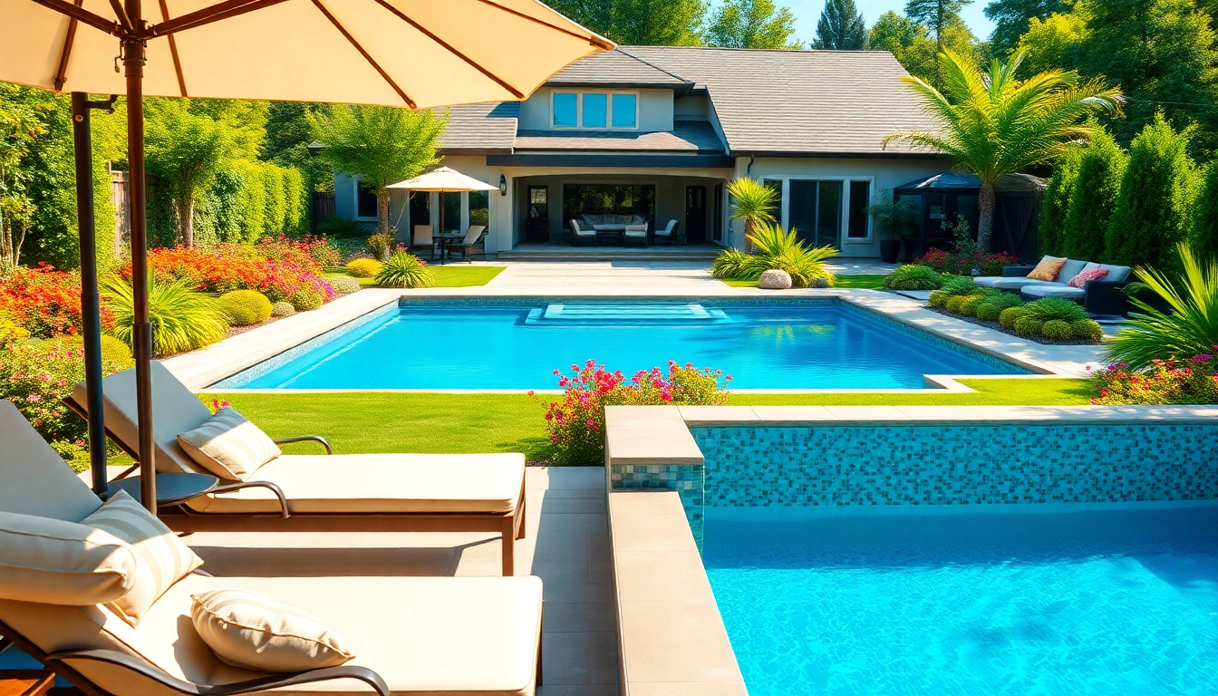 Build your own pool in a stunning backyard with vibrant landscapes and inviting lounge area.