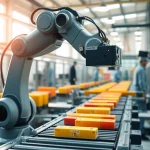 Robotic arm using machine vision technology to inspect products on a conveyor belt.