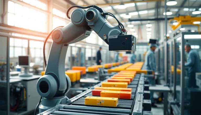 Robotic arm using machine vision technology to inspect products on a conveyor belt.