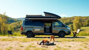 Customized JRP Campers van in an outdoor setting, showcasing its unique design features.