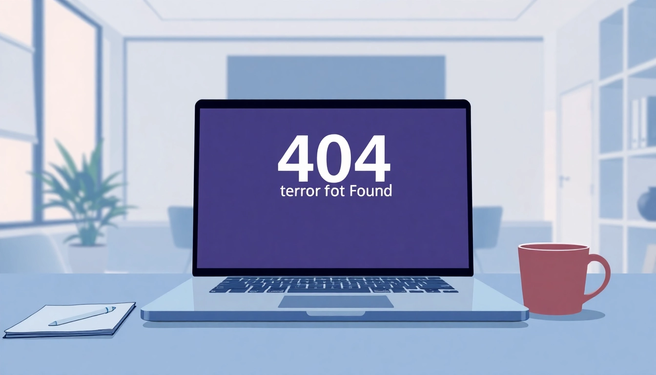 View a laptop displaying the line下載電腦版 404 Not Found error with a minimalistic office background.