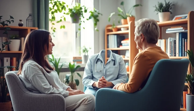 Therapist providing support for individuals dealing with depression in a cozy office.