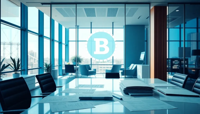 Showcase a professional trademark logo prominently displayed in a modern office setting.
