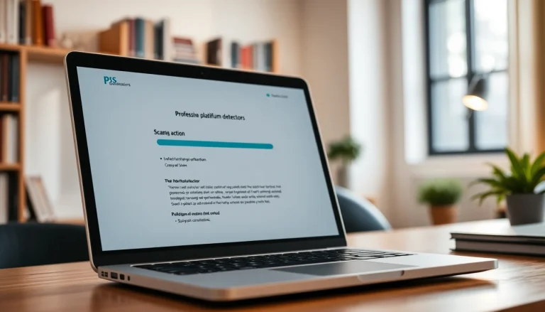 Engage with a powerful plagiarism detector tool showcased on a sleek laptop in a modern study.