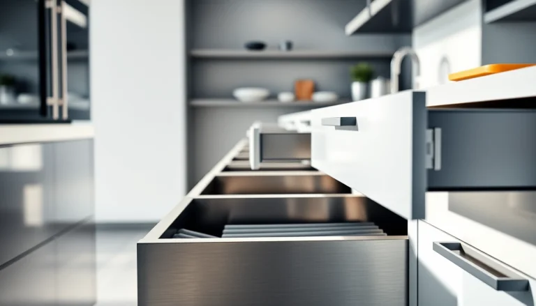 Showcase of a Metal Drawer System with robust features and sleek design in a kitchen environment.