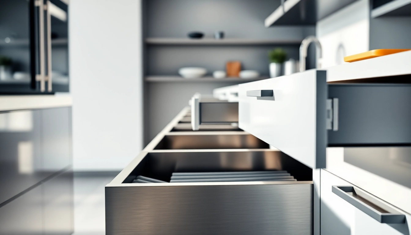 Showcase of a Metal Drawer System with robust features and sleek design in a kitchen environment.