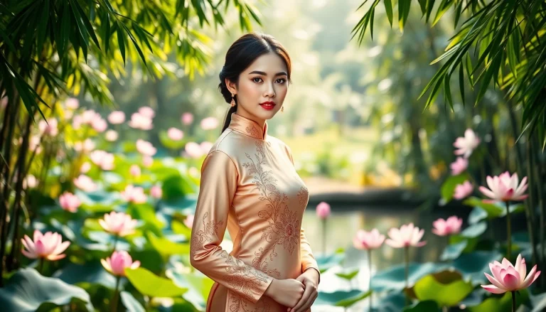 Elegant Vietnamese Áo Dài displayed in a vibrant garden, highlighting its intricate beauty.