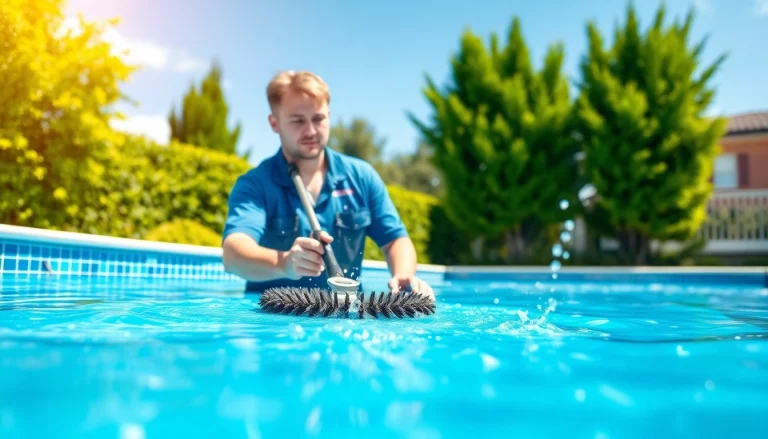 Offering expert pool service near me with a technician maintaining a sparkling residential pool.