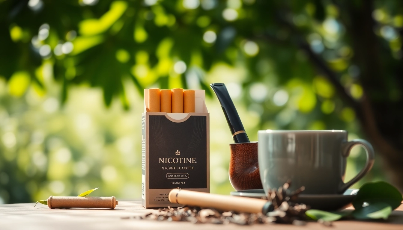 Enjoy nicotine free cigarettes featuring a stylish pack beside a smoking pipe in a serene outdoor setting.