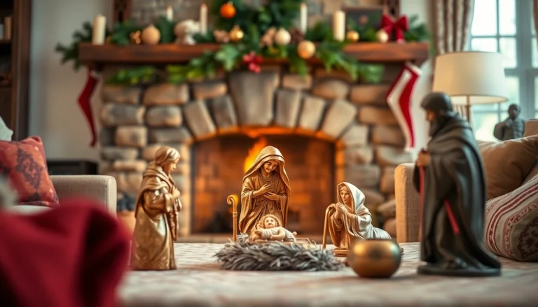 Display a beautifully arranged nativity sets in a warm living room during Christmas.