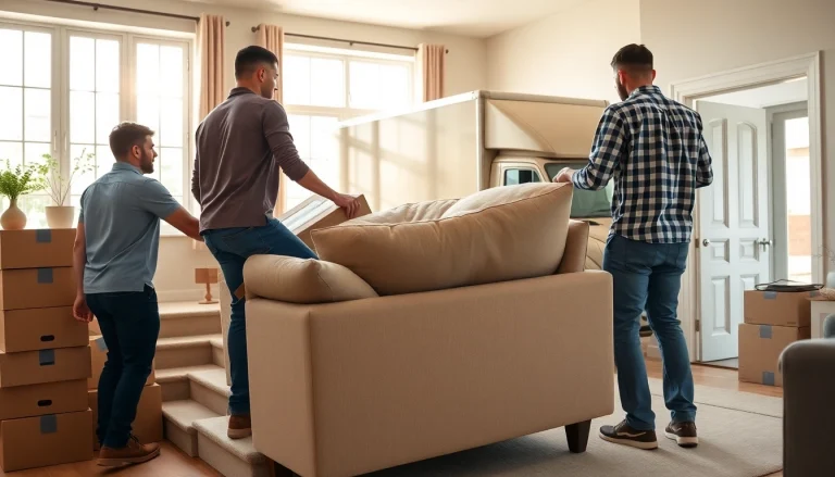 Movers performing house moves, transporting furniture in a bright and organized living room.