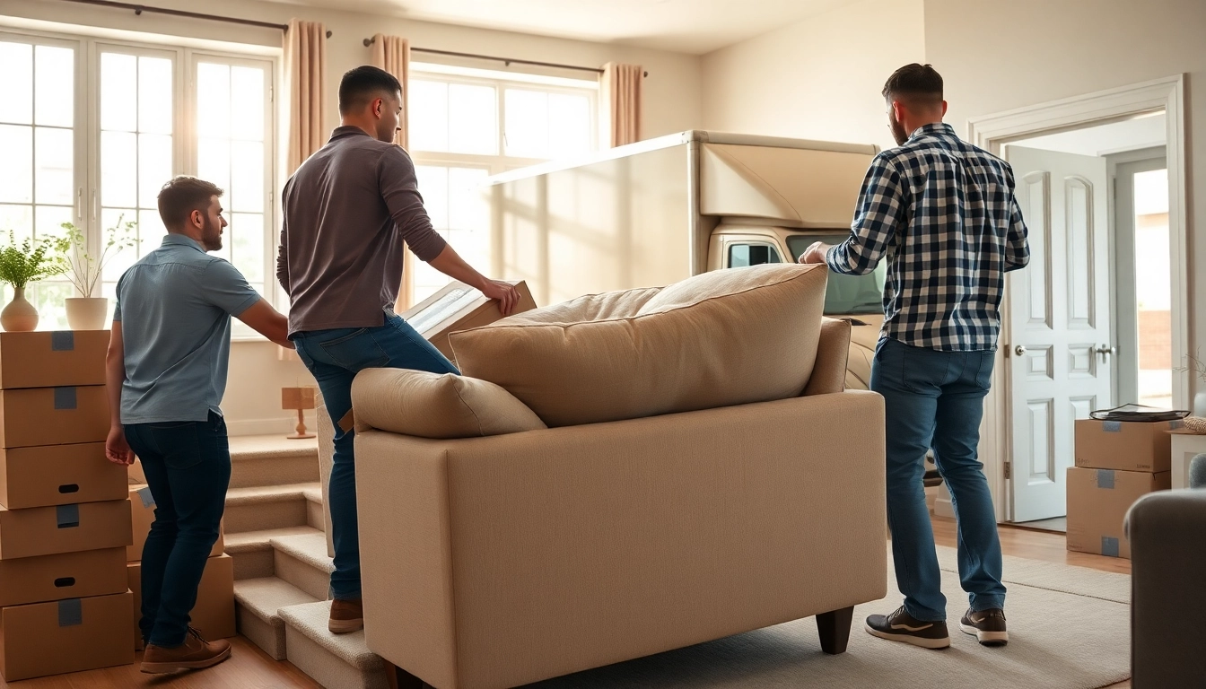 Movers performing house moves, transporting furniture in a bright and organized living room.