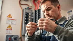 Electrical Service technician repairing circuit breakers with precision in a bright home environment.