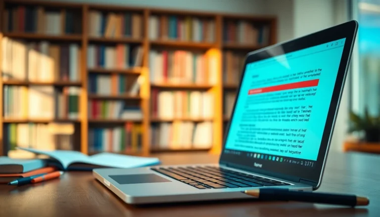 Analyze content originality with a precise plagiarism detector displayed on a laptop's screen.