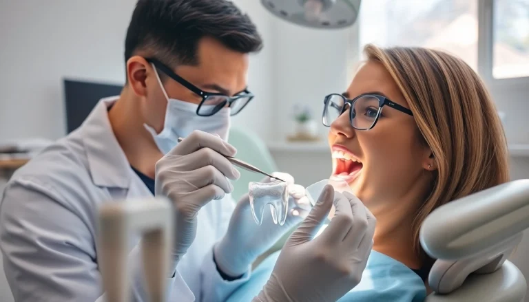 Showcasing dental crowns in a professional dental environment with a dentist and patient.