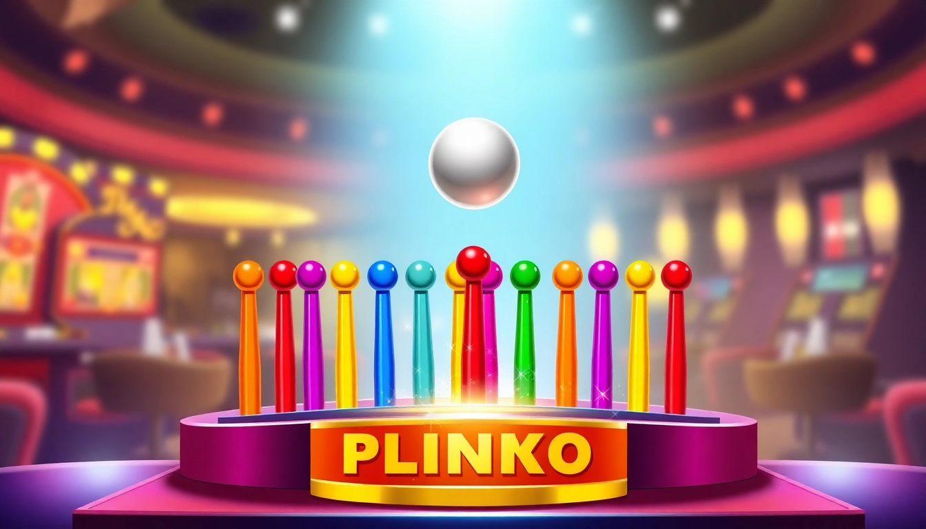 Играть в plinko на ярком игровом поле с падающим шариком и радужными призами.