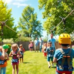 Setting up ZIP WIRE KITS for fun, showcasing safety and adventure in a lively backyard.