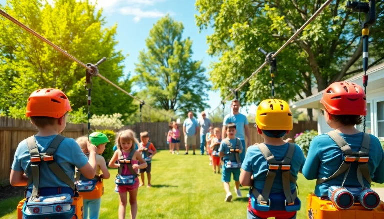 Setting up ZIP WIRE KITS for fun, showcasing safety and adventure in a lively backyard.