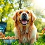 Golden retriever enjoying nature's blend dog food Canada in a vibrant park setting.